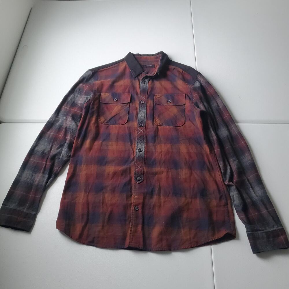 AllSaints Shirt Mens Large Red Plaid Stanton LS Flannel Long Sleeve Button Up